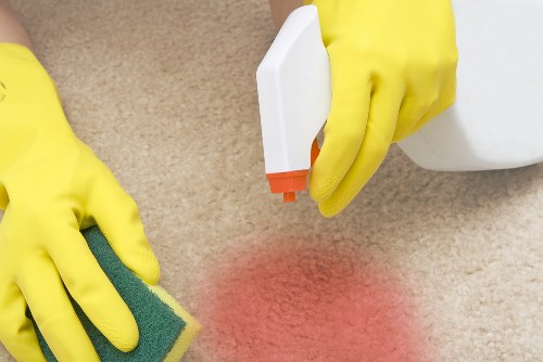 Professional cleaners working in a London home with household cleaning tools