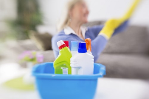 Cleaning supplies and tidy office desks in a London commercial space