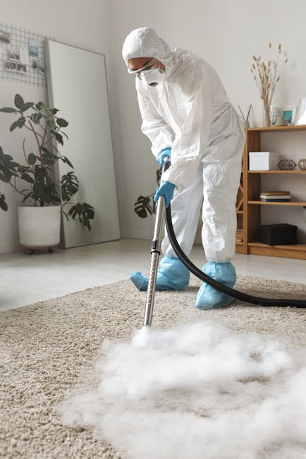 A professional cleaner dressed in full protective personal equipment, including a white coverall, mask, gloves, and shoe covers, is performing deep cleaning on a beige carpet in a modern living room. 