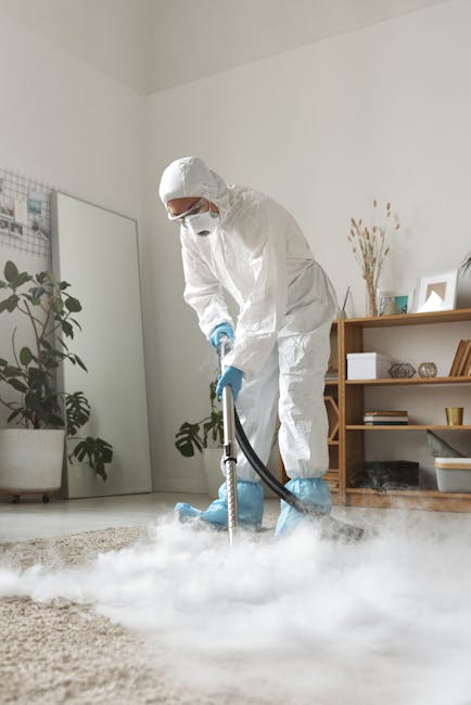 A professional cleaner dressed in full protective personal equipment, including a white coverall, mask, gloves, and shoe covers, is performing deep cleaning on a beige carpet in a modern living room. 